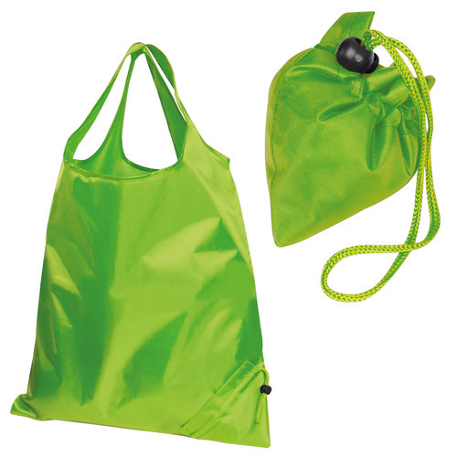 Apple green transforming bag with drawstring and small pouch.
