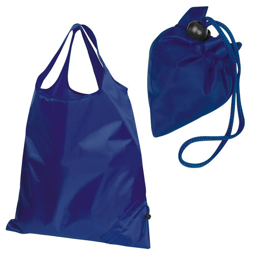 Dark blue foldable fabric bag with drawstring.