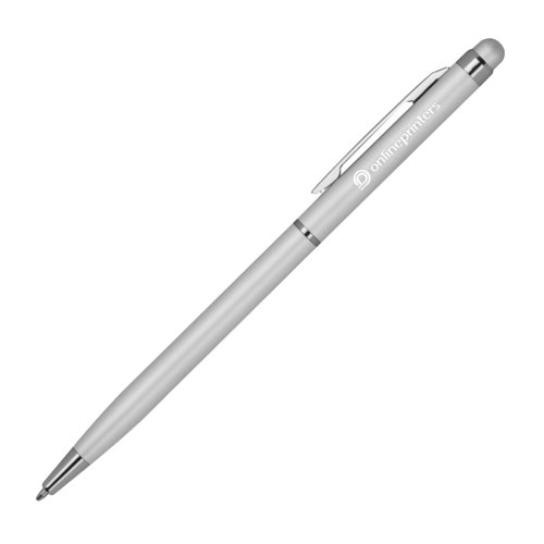 Silver-colored metal ballpoint pen with touch pen and clip.