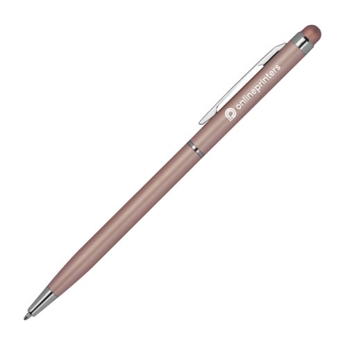 Copper-colored metal ballpoint pen with touch pen function and clip.