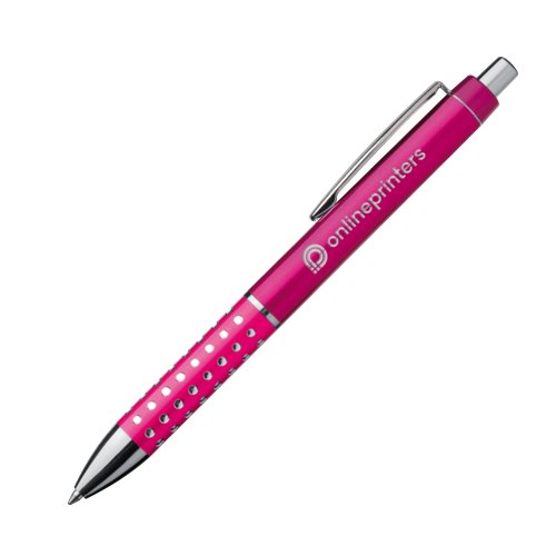 Pink metal ballpoint pen with clip.