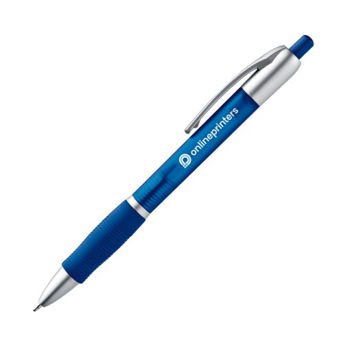 Blue ballpoint pen with clip and push mechanism.