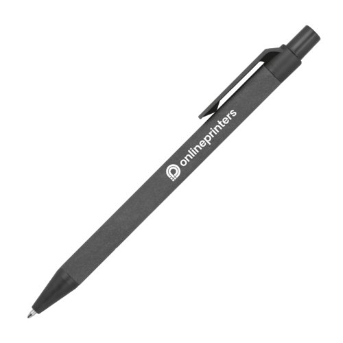 Black cardboard ballpoint pen with clip and push button.