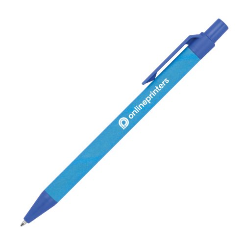 Blue paper ballpoint pen with clip and push mechanism.