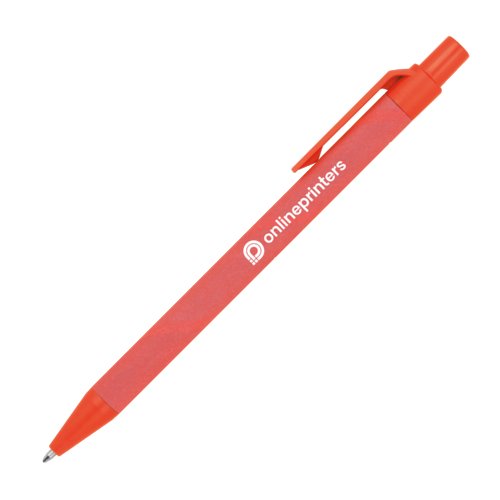 Red paper ballpoint pen with clip and push mechanism.