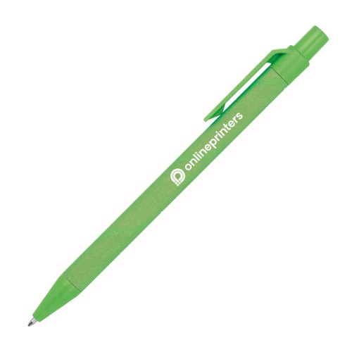 Green paper ballpoint pen with clip and push mechanism.