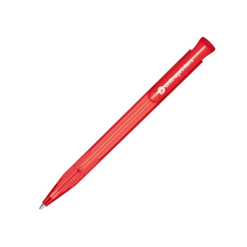 Red plastic ballpoint pen with push mechanism.