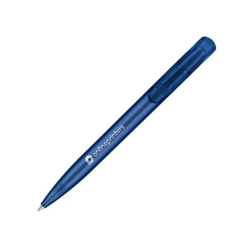 Dark blue frosted plastic ballpoint pen with push button.
