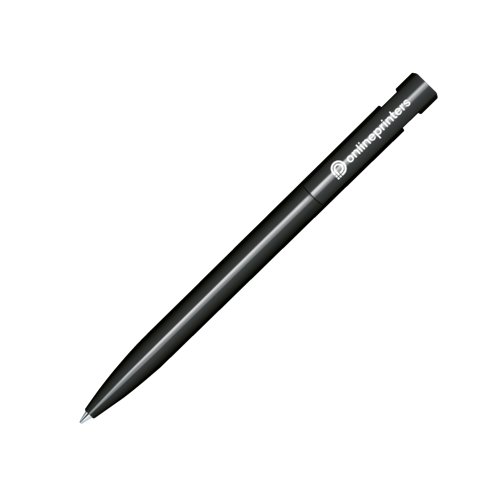 Black plastic ballpoint pen with a polished finish and push button.