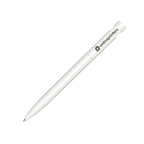 White plastic ballpoint pen with push mechanism.
