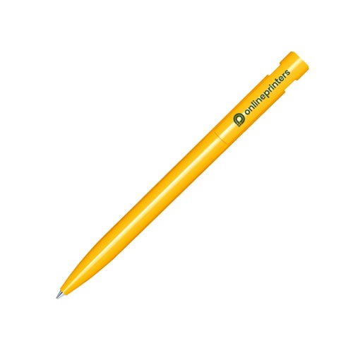 Yellow plastic push ballpoint pen with polished finish and clip.