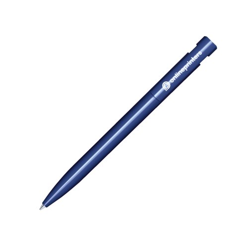 Dark blue plastic ballpoint pen with polished finish and push button.