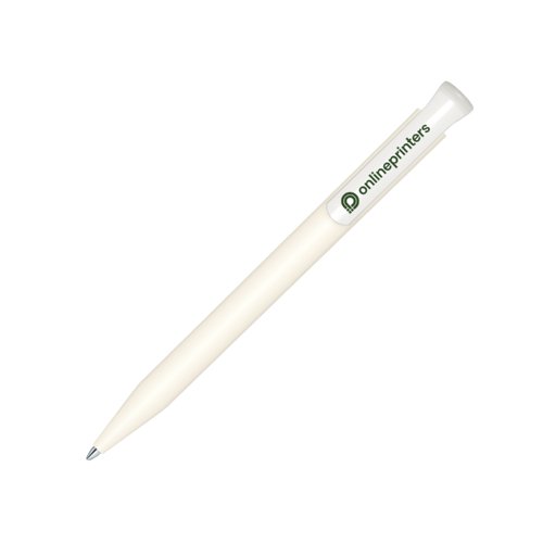 White bioplastic ballpoint pen with push mechanism and clip.
