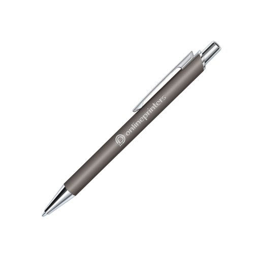 Gray plastic ballpoint pen with soft-touch surface and clip.
