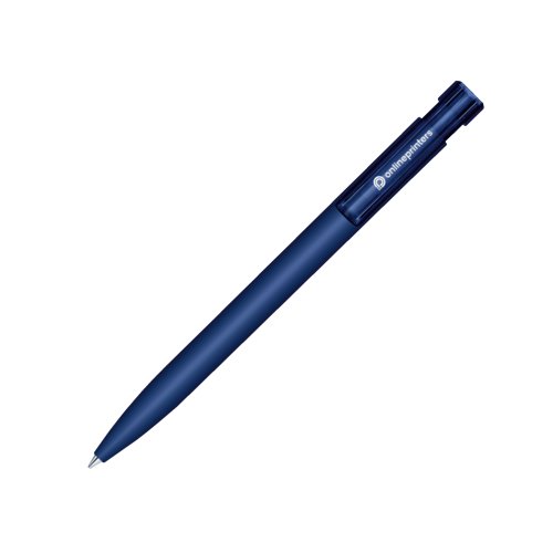 Dark blue plastic ballpoint pen with push mechanism.