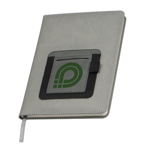 Gray notebook with slip pocket and elastic band.