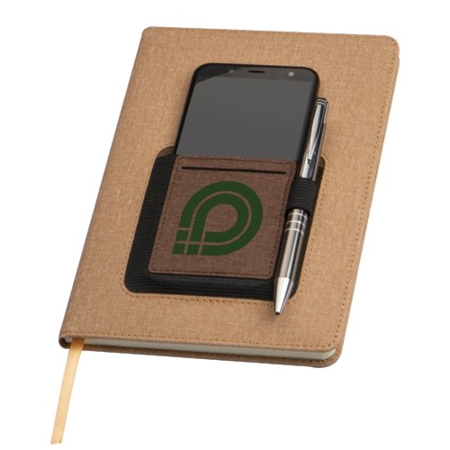 Beige notebook with pen loop and slip pocket.