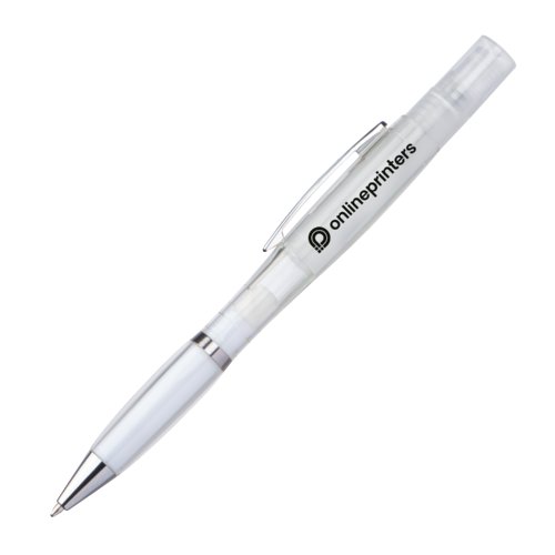 White plastic ballpoint pen with atomizer and clip.