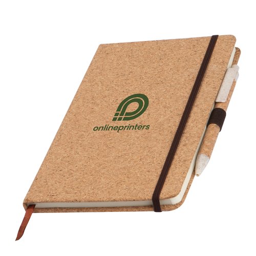 Cork notebook with elastic band and pen holder.
