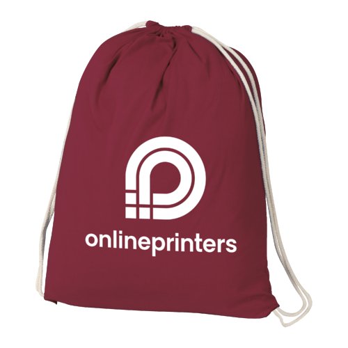 Burgundy cotton gym bag with drawstring closure.