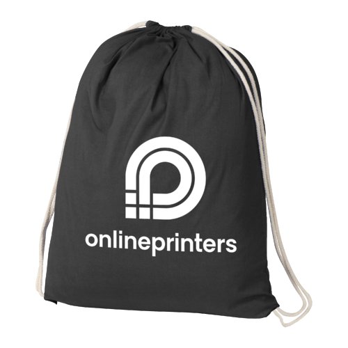 Black cotton gym bag with drawstring.