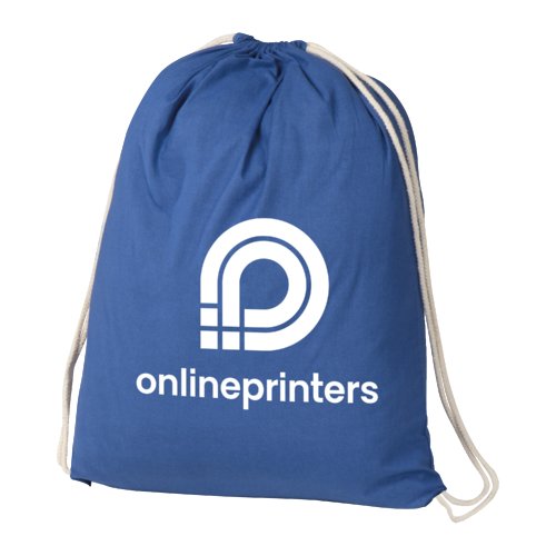 Blue cotton gym bag with drawstring closure.