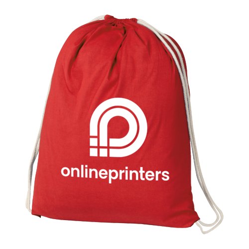Red cotton gym bag with drawstring.