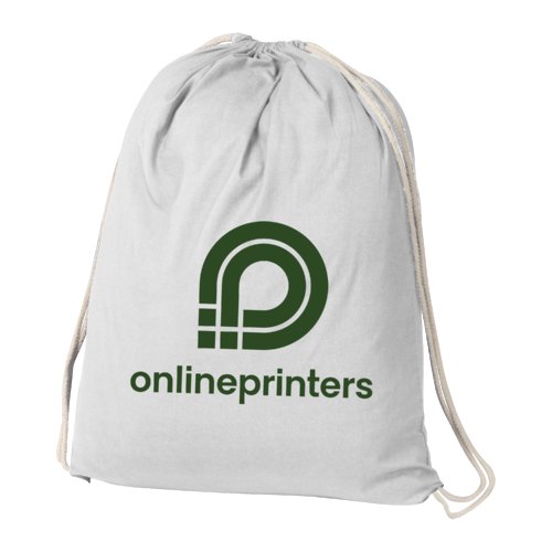 White cotton gym bag with drawstring.