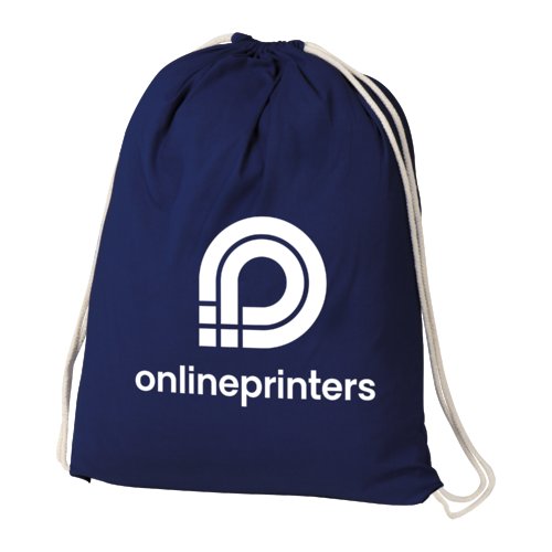 Dark blue cotton gym bag with drawstring.