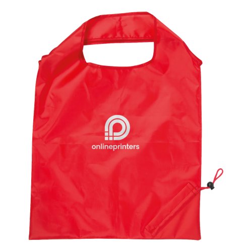 Red synthetic morph bag with drawstring.