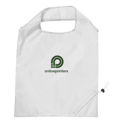 White nylon bag with drawstring and integrated pocket.