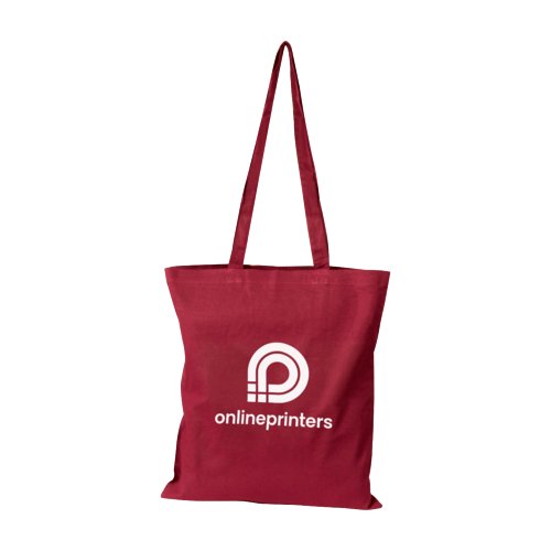 Burgundy cotton tote bag with long handles.
