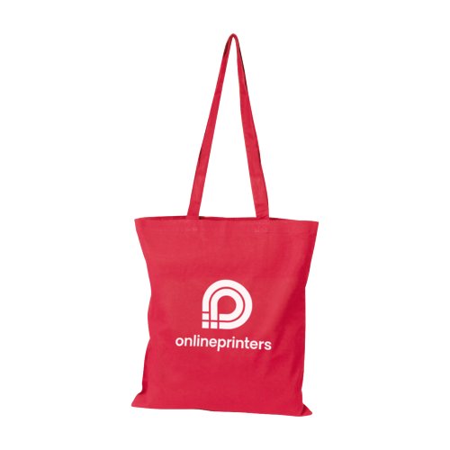 Red cotton tote bag with long handles.