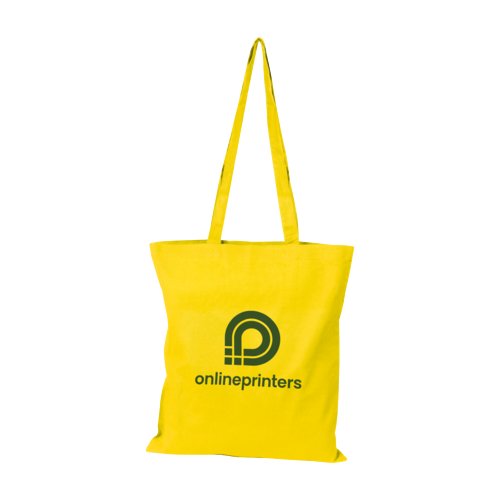 Yellow cotton tote bag with long handles.