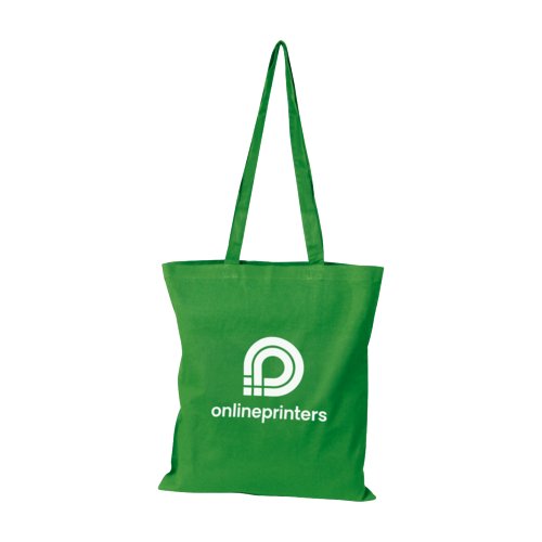 Green cotton tote bag with long handles.
