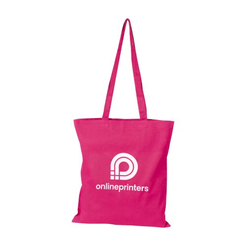 Pink cotton tote bag with long handles.