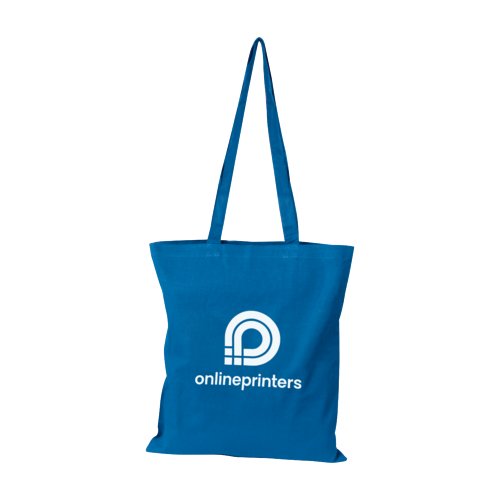 Blue cotton bag with long handles.