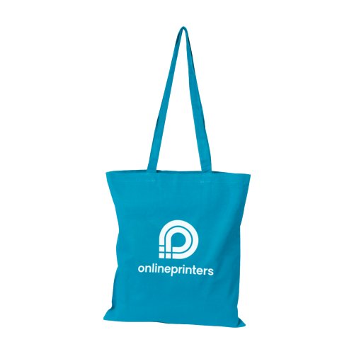 Turquoise cotton bag with long handles.