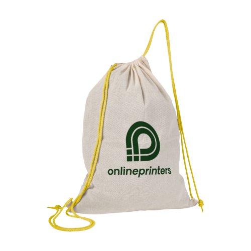 Yellow fabric drawstring gym bag.