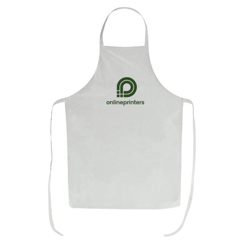 White cotton apron with neck strap and tie straps.