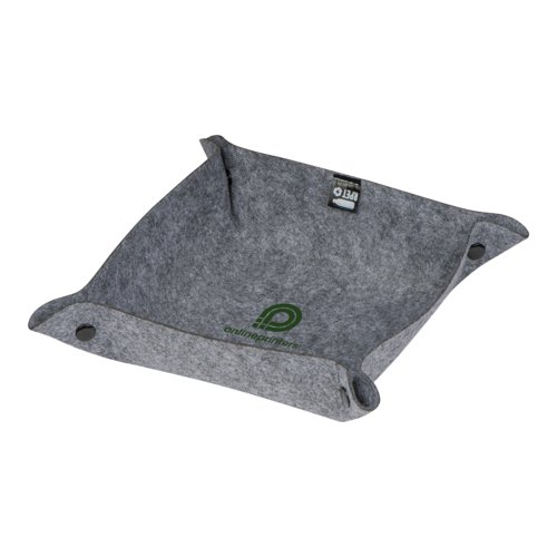 Gray felt storage tray with pattern and snap fasteners.