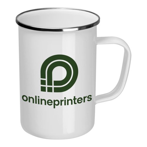 White enamel mug with silver-colored rim and handle.