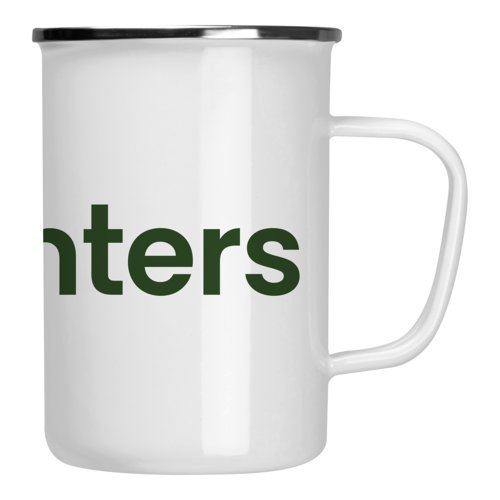 White enamel mug with silver-colored rim and handle.