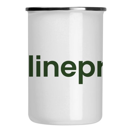 White enamel mug with silver rim.