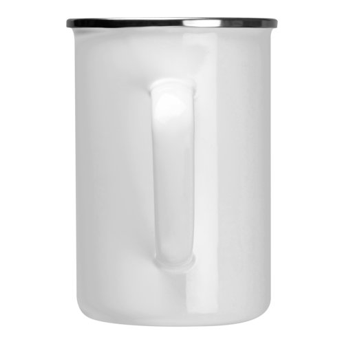 White enamel mug with silver rim and handle.