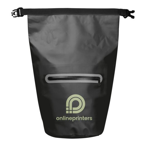 Black, waterproof bag with zipper pocket and clip closure.