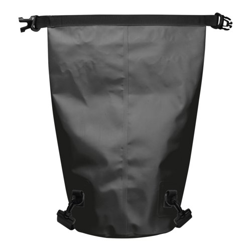 Black waterproof bag with roll-top closure and buckle.