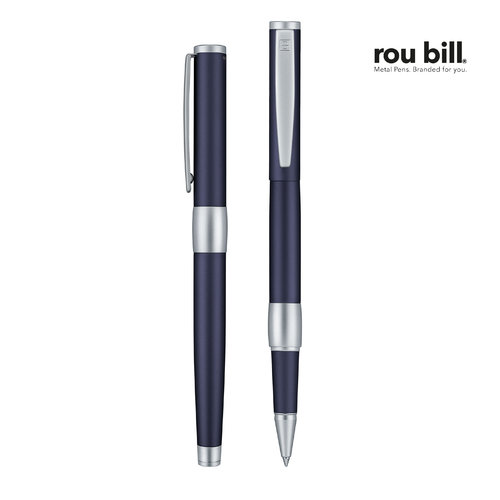 Blue metal rollerball pen with cap and chrome details.