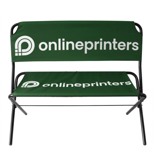Green bench with fabric cover and metal frame.