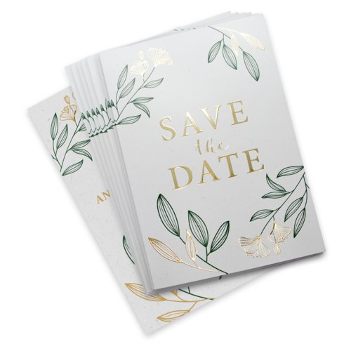 Paper wedding cards with partial hot foil stamping.